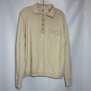 Mens Vintage Bachrach Cream Wool Blend Knit Polo Sweater XL Grandpa 80s
